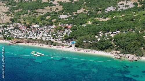 Campsite at Campig Skrila, Krk Island, Stara Baska Croatia, Aerial View of the Mountains and Coast With Boats, Beaches and Adriatic Sea.  The Seaside Rv Campmobiles on a Summer Beautiful Coastline