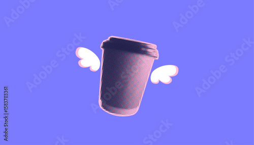 Halftone styled takeaway coffee cup with wings. Dotted coffee-themed design collage element. Coffee to-go pop art  icon of energy concept.