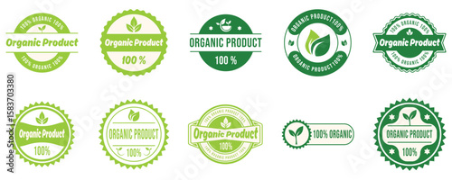 Set of green organic food product labels healthy natural eco-friendly, green organic product labels, green leaf vector label icons organic ingredients, eco-friendly and bio natural product label stick