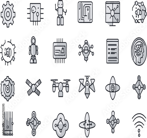 Technology and Robotics Icons Set – Gear, Circuit Board, Robot, AI, and Network Symbols Vector for Tech and Engineering Concepts