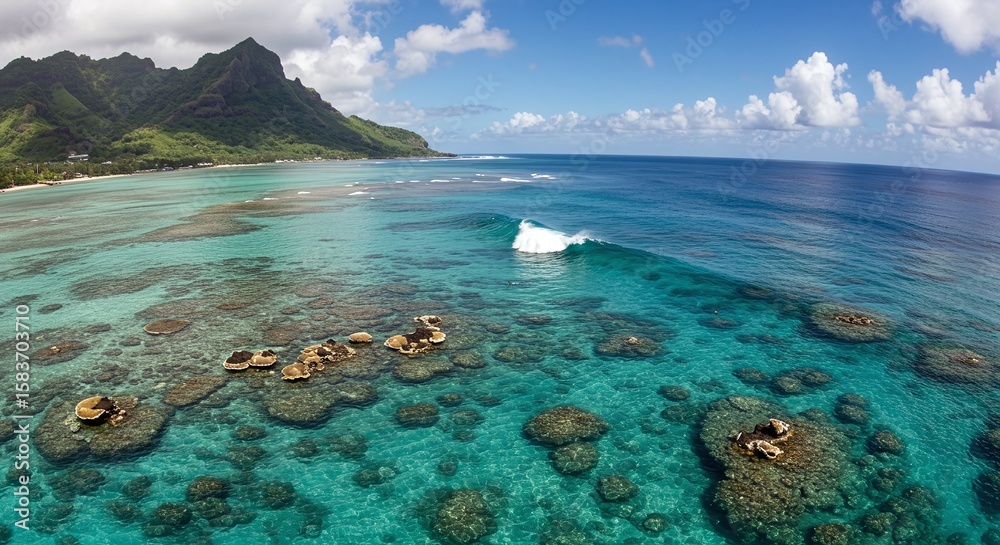 Fototapeta premium Tropical Seascape with Clear Blue Water and Rocky Coral Reefs Near Mountain Coast