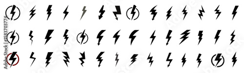 Lightning bolt vector icon set, black lightning icon designs on white background, Symbols of energy, power, electric storm, flash charge, ideal for web, print, logo design.