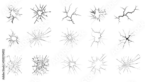 Cracked glass vector collection featuring various shattered glass effects, broken lines, and impact cracks. Perfect for digital art, graphic design, and realistic simulation of broken surfaces 