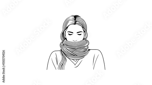 girl with a scarf, beautiful simple illustration of a woman in cold weather wearing a scarf and puts half of her face inside it black and white line art