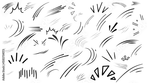 line movement element vector set, comic speed lines, motion lines, dynamic effect, manga action elements, swoosh, burst, swirl, impact stroke, motion streaks, anime style