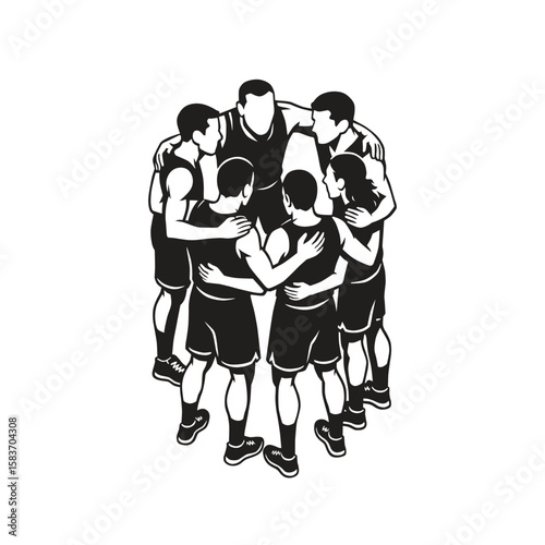 The basketball team gathered around each other embracing each other in a circle and listening to their captain speech before the game in vector black and white simple style