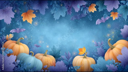 Halloween themed pumpkins and bats surrounded by autumn leaves on a dreamy blue background with glowing particles