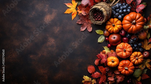 Autumn harvest of pumpkins grapes apples and colorful fall leaves image