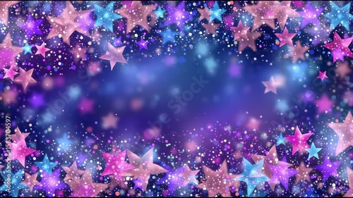 Fantasy background with colorful sparkling stars and glowing bokeh lights on a dreamy purple and blue gradient