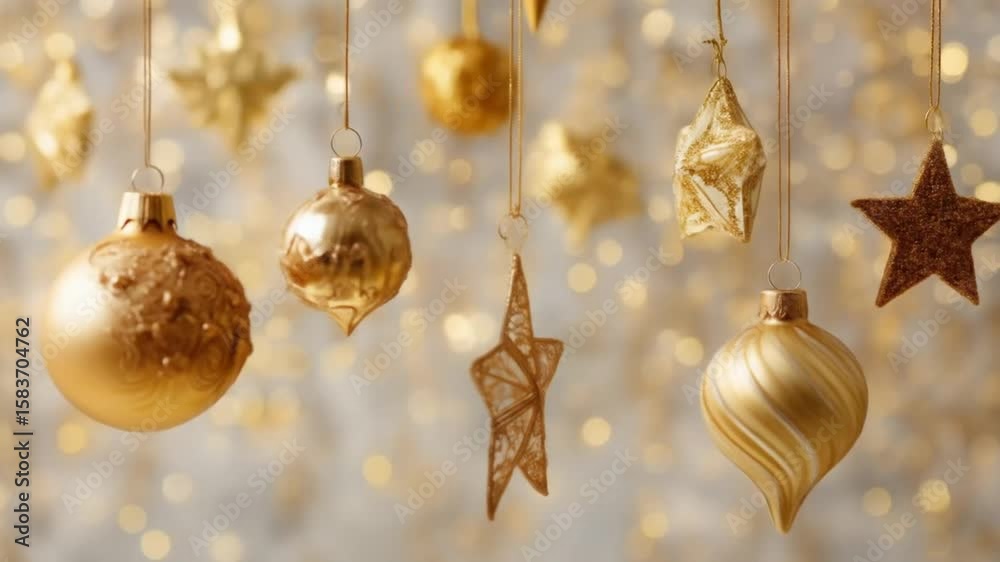 Hanging gold Christmas ornaments of various shapes, including spheres, stars, and teardrops, against a blurred background of gold bokeh lights.
