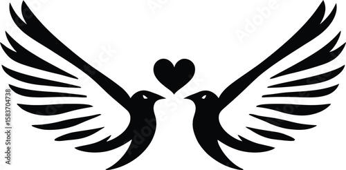 Lovebirds Duo Illustration Minimalist Black Silhouettes Featuring Wide-Spread Wings, Symmetrical Pose, and Heart Accent for Romantic and Decorative Graphic Design