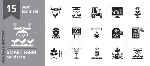 Solid icon set illustrating smart farming and agricultural technology including drones, soil sensors, GPS tractors, automated irrigation, AI-based crop management, and livestock tracking.