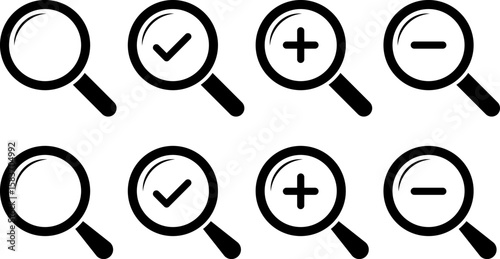 Search Icon. zoom in and out scale Magnifying glass for research and find. loupe with check mark sign. Plus and minus zoom tool symbols
