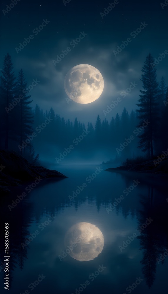 Naklejka premium Moonlit Lake Reflection – Dark AMOLED Nature