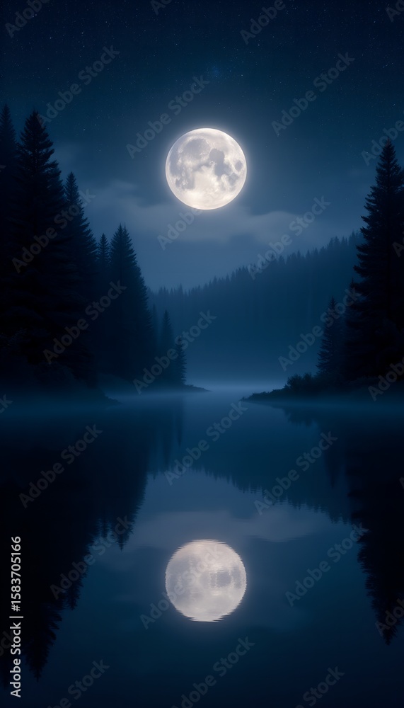 Fototapeta premium Moonlit Lake Reflection – Dark AMOLED Nature