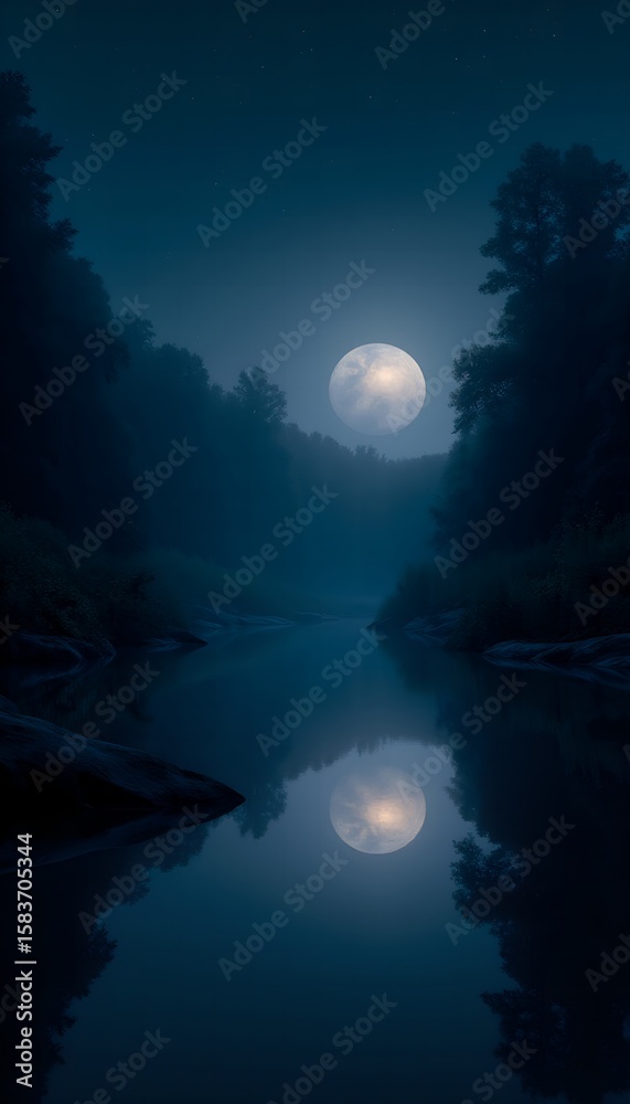Fototapeta premium Moonlit Lake Reflection – Dark AMOLED Nature
