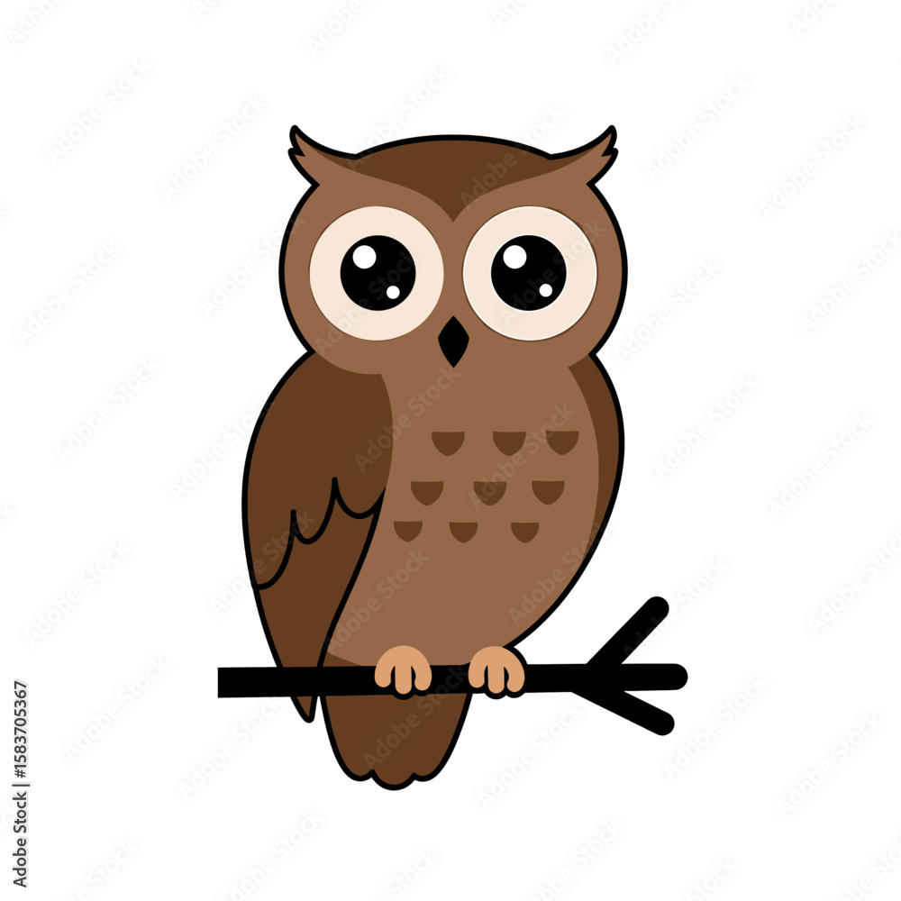 Fototapeta premium Cartoon Owl Perched on a Branch, Wise and Nocturnal Illustration