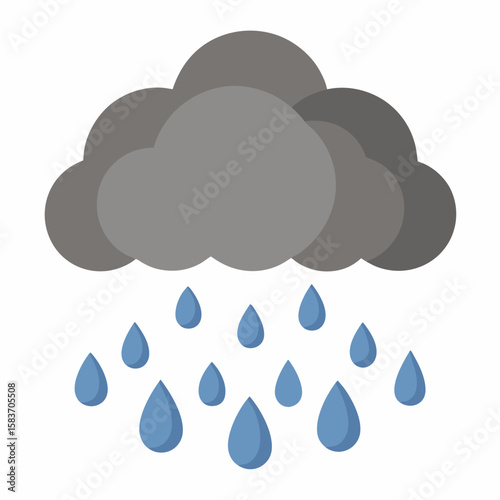 Gray rain cloud with falling blue raindrops isolated on white background