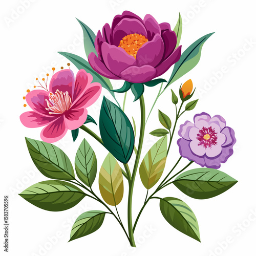 Beautiful floral arrangement with pink purple and lilac flowers isolated on white background