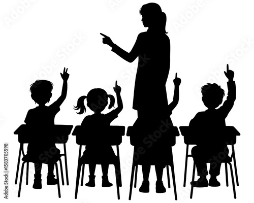 Teacher with students raising their hands