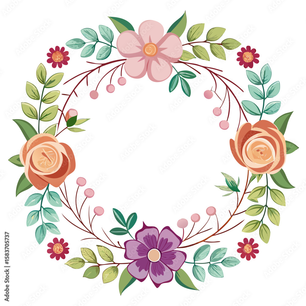 Fototapeta premium Beautiful floral wreath with roses and leaves isolated on white background
