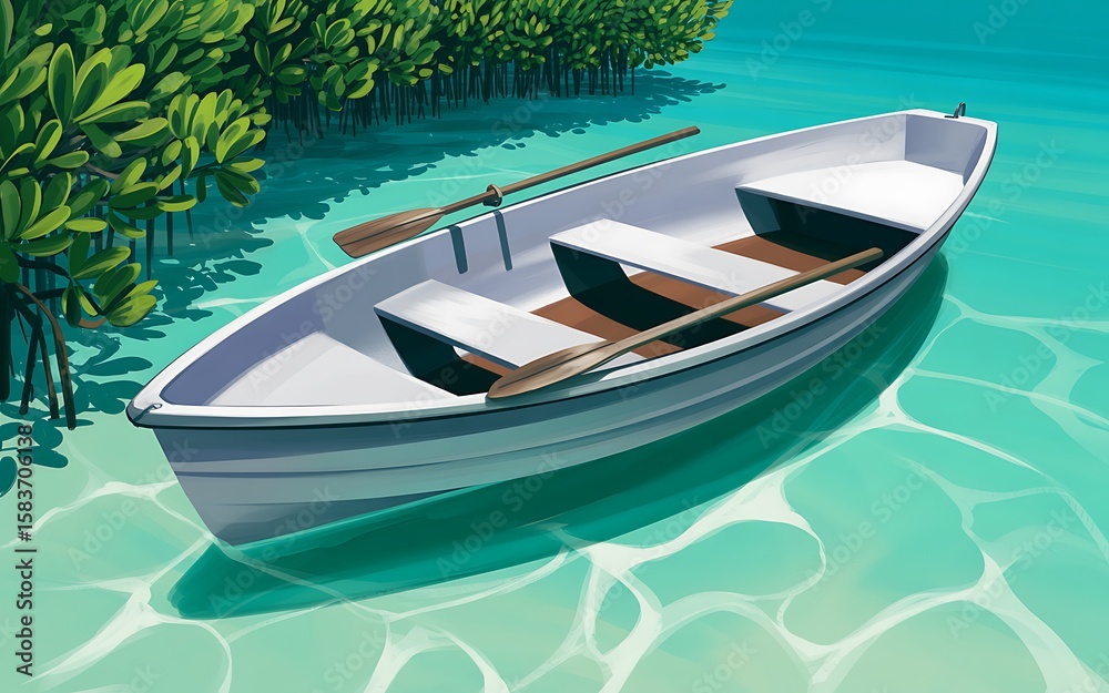 Naklejka premium A Serene Scene of a Small White Rowboat Gently Floating on Crystal Clear Turquoise Water Near a Lush Green Mangrove Shoreline Under a Bright Sunny Day