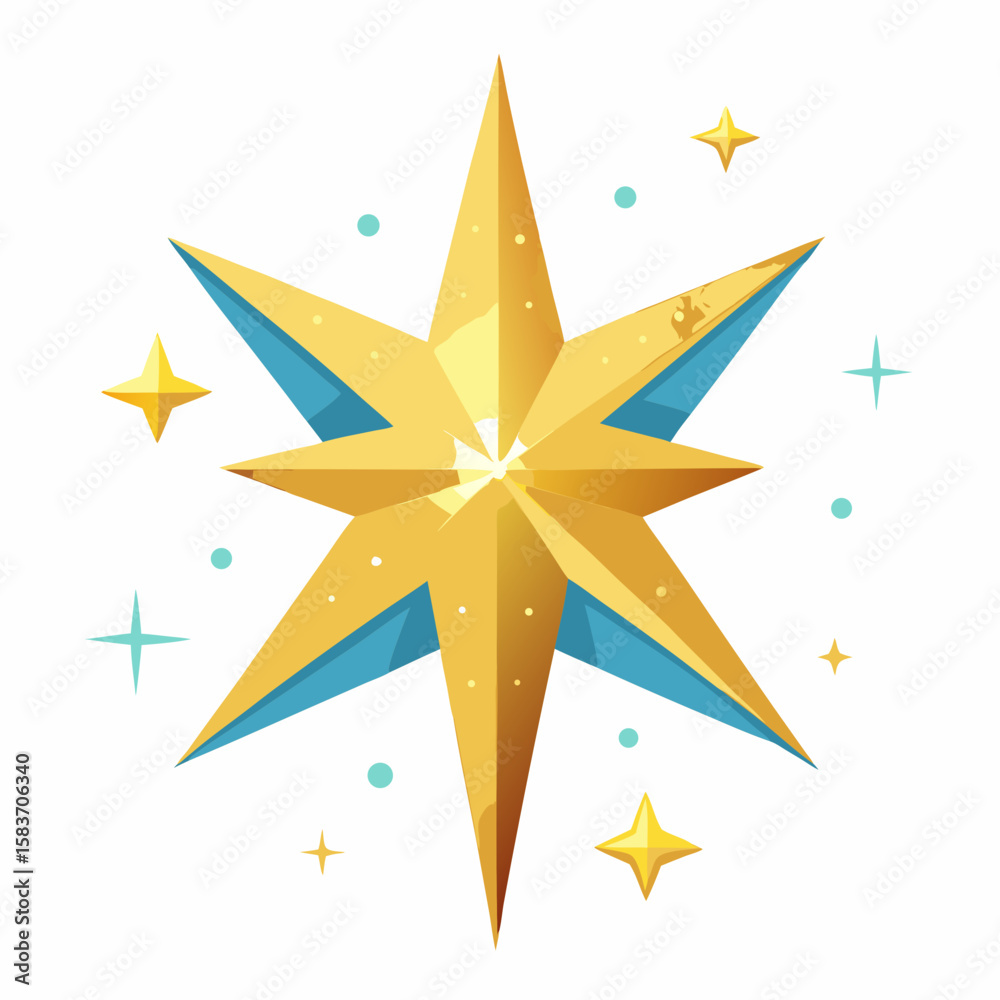 Fototapeta premium Bright golden star with blue accents and sparkling elements isolated on white background