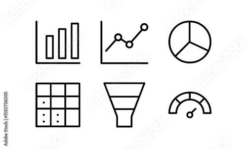 Minimalist black dashboard icons for data analysis and metrics visualization