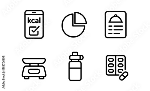 Minimalist icons set for nutrition and fitness apps on dark background