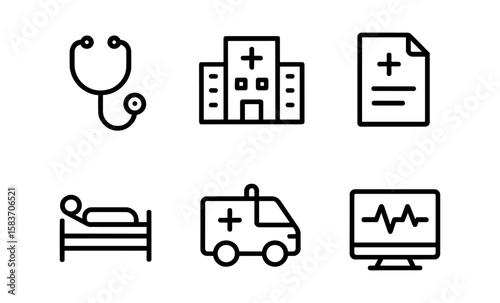 Minimalist medical icons set featuring healthcare symbols in linear style