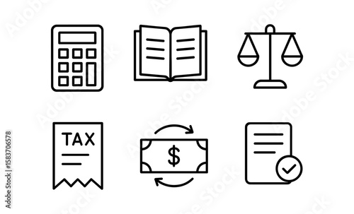 Finance and legal icons: calculator, open book, scales, tax document, money exchange, contract