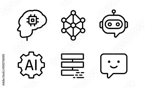 Ai and machine learning icons set: dark themed neural network and chatbot symbols