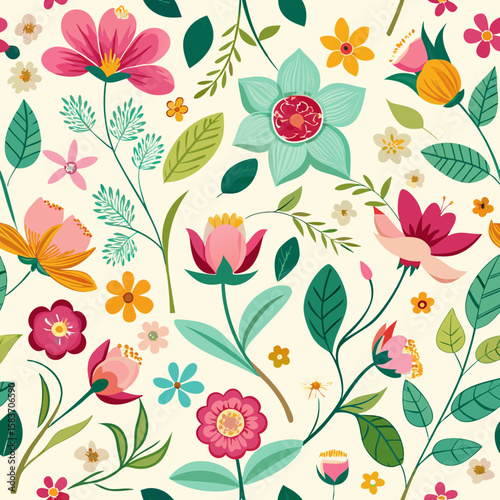 Vibrant floral pattern with various flowers and leaves isolated on white background