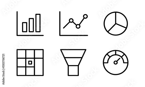 Minimalistic black and white business data and chart icons set