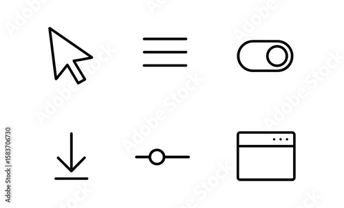 Minimalist user interface icons with cursor, slider, toggle, and menu elements