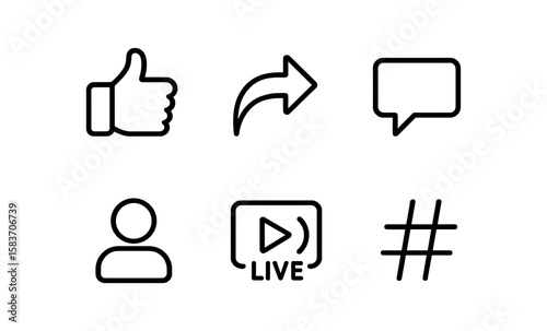 Monochrome social media icons set: thumbs up, share, chat, user, live, hashtag