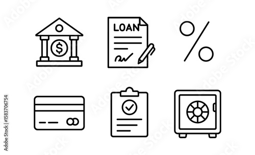 Financial and banking icons set in linear style featuring loan, safe, and credit card