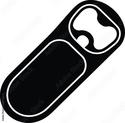 Simple black silhouette of a classic bottle opener on a white background