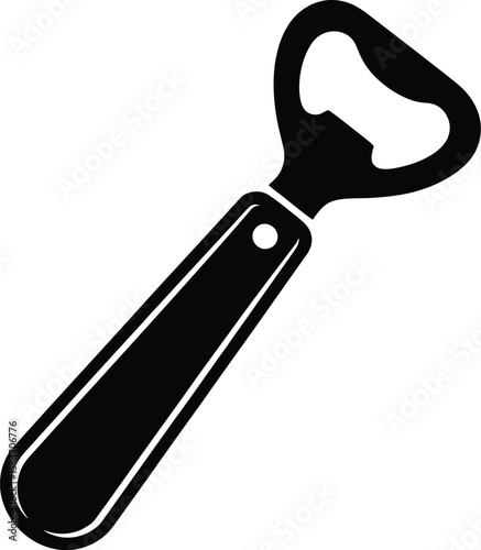 Simple black silhouette of a classic bottle opener on white background