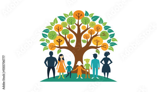 A beautiful vector illustration of a family tree with a couple holding their children