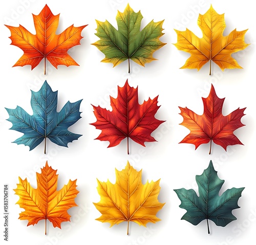 Nine colorful maple leaves arranged in a grid on a white background maple leaf autumn