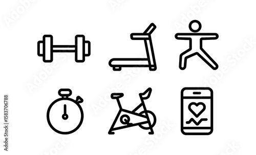 Flat fitness icons set: dumbbell, treadmill, yoga, timer, exercise bike, heart monitor