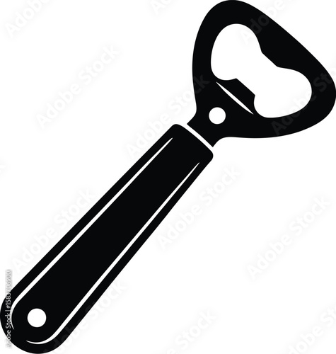 Simple black silhouette of a classic bottle opener on a white background