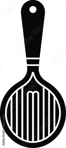 Black silhouette of a slotted spoon or skimmer on a white background