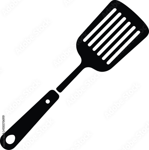 Simple black silhouette of a slotted spatula kitchen utensil