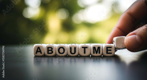 About me blocks concept for personal branding and introduction with hand and blurred nature background