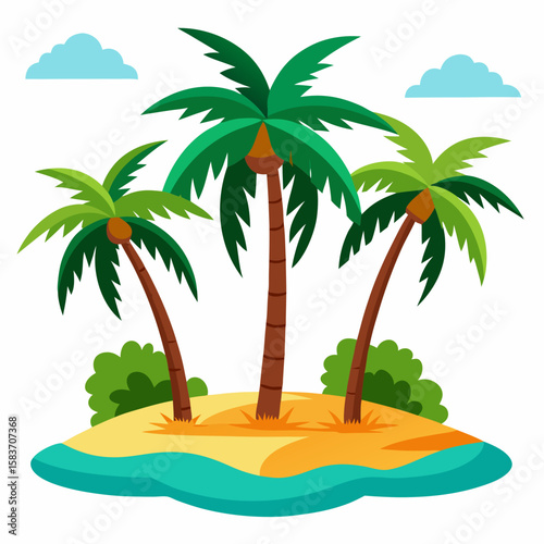Tropical island with palm trees and clouds isolated on white background