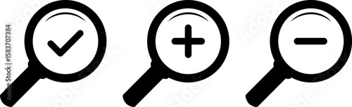  Search icon set. zoom in and zoom out icons. magnifier with plus and minus. Magnifier or loup with check mark signs. search and investigation symbol
