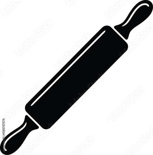 Simple black silhouette of a classic rolling pin on a white background