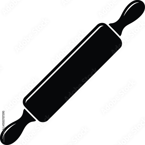 Simple black silhouette of a classic rolling pin on a white background